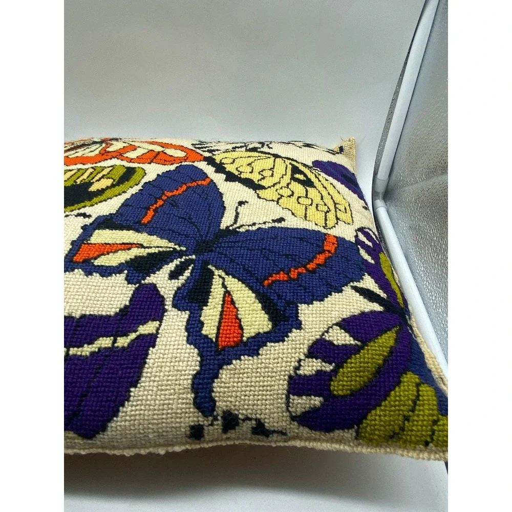 VTG Embroidered colorful Butterfly Throw‎ Pillow Corduroy Back Handmade READ